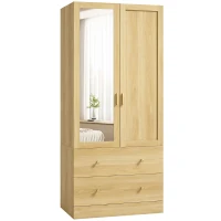 HOMCOM Armoire chambre penderie avec miroir, 2 portes, 2 tiroirs et barre de suspension, 80 x 50 x 180 cm, chêne(m-16)