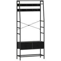 HOMCOM Kapstok met Schoenenrek in Industriële Stijl, Kledingrek met 2 Stoffen Lades, 8 Haken, Metalen Frame, Zwart(m-1)
