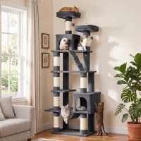 PawHut Árbol Rascador para Gatos 204 cm Multinivel con 2 Cuevas Hamaca 2 Camas Postes de Sisal Escalera 2 Bolas Gris Oscuro(m-2)