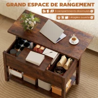 HOMCOM Table basse relevable et extensible table de salon avec compartiment caché étagère ouverte 100x45x50,5cm brun rustique(m-5)