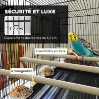 PawHut Cage à oiseaux volière intérieur acier avec séparateur 4 perchoirs plateau coulissant 4 mangeoires 76 x 46 x 46 cm noir(m-5)