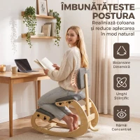 HOMCOM Scaun Ergonomic pentru Genunchi cu Spatar, Balansoar, Postural, In si Lemn Mesteacan, Gri(m-4)