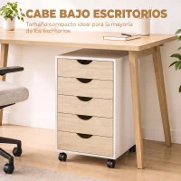 HOMCOM Cajonera Oficina con Ruedas y 5 Cajones Archivador Móvil, para Estudio Salón 40x40x67 cm Blanco y Natural(m-6)