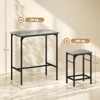 HOMCOM Industriële Bartafel Set met 2 Barkrukken en Antislip Voetpads - Grijs(m-3)