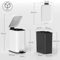 HOMCOM Metalen prullenbak, afvalbak, inhoud van 5 liter, met voetpedaal, met binnenemmer, wit(m-3)