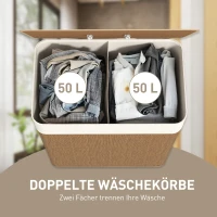 HOMCOM Bamboe Wasmand met Deksel 2 Vakken 100 L Wasverzamelaar met Touwhandvatten, Uitneembare Waszak(m-4)