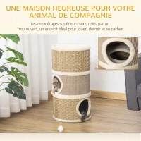 PawHut Tonneau à Gratter pour Chat, Arbre à Chat Sisal Naturel et Herbiers Marins Recouvert de Peluche, 37,5 x 37,5 x 70 cm, Kaki et Café(m-4)