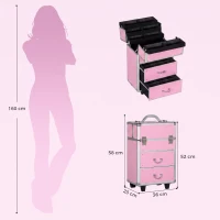 HOMCOM Husa pentru calatorii de machiaj, carucior mare de depozitare pentru produse cosmetice, portbagaj pentru carucior de calatorie cu blocare cu tavi pliabile, roti pivotante si chei, roz(m-3)