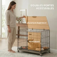 PawHut Cage pour Chien, Plateau Amovible, Roues avec Freins, Toit Ouvrant Verrouillable, 75,5x46x64,5cm, Noir(m-6)