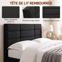 HOMCOM Cadre de Lit 140 x 200 cm avec Sommier Bois, Lit Double Rembourré en Effet Lin, Rangement au-dessous, Sans Bruit, Noir(m-4)
