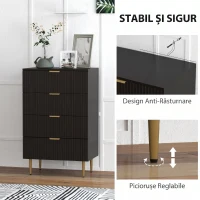 HOMCOM Comodă Modernă cu 4 Sertare și Mânere Aurii, Negru(m-6)