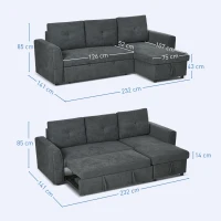 HOMCOM 3-Zit Slaapsofa met bedfunctie, slaapbank met chaise longue, gestoffeerde bank, Donkergrijs(m-3)