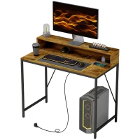 HOMCOM Computertafel met Aansluitingen, Bureau met Monitorstandaard en Plank, voor Thuiskantoor, Bureau, Werkkamer, Bruin(m-10)