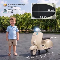 AIYAPLAY Mota Elétrica Infantil VESPA com Arranque Suave, Rodinhas, Luz, Música e USB - Branco(m-3)