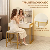 HOMCOM Tocador de Maquillaje con Espejo y Taburete Acolchado Estación de Carga 2 Cajones 3 Estantes para Dormitorio Blanco(m-7)