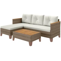 Outsunny Salotto da Giardino in Rattan PE con Divano 2 Posti, Chaise Longue e Tavolino da Caffè, Crema(m-11)