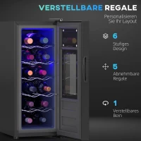 HOMCOM Wijnkoelkast voor 12 flessen, met glazen deur, drankkoelkast met LED-licht, touchscreen, zwart(m-6)