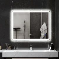 HOMCOM LED Badkamerspiegel met Verlichting, Anti-Condens Functie, 3 Instelbare Lichtkleuren, Geïntegreerde Klok, 70 x 90 cm, Zilver(m-2)