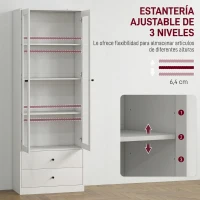 HOMCOM Aparador de Cocina con Armario y 2 Cajones, Puertas de Vidrio y Estantes Regulables, 59x30x164 cm, Blanco(m-5)