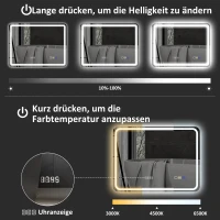 HOMCOM LED Badkamerspiegel met Verlichting, Anti-Condens Functie, 3 Instelbare Lichtkleuren, Geïntegreerde Klok, 70 x 90 cm, Zilver(m-6)