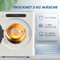 HOMCOM Wasdroger, 6 programma's, 40-60℃, 5 kg capaciteit, compact, touch-bediening, Wit(m-5)