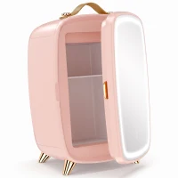 HOMCOM Nevera para Cosméticos Pequeña con 6L Capacidad con Puerta con Espejo y Luces LED Ajustables 24,3x19,4x35,6 cm Rosa(m-1)