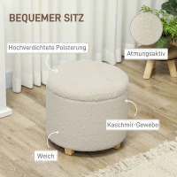 HOMCOM Ronde Kruk met Opbergruimte, Deksel en Houten Poten, Voetenbankje voor Woonkamer, Hal, Slaapkamer, Crèmewit(m-5)