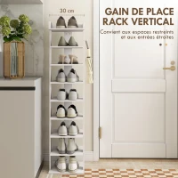 HOMCOM Étagère chaussure à 9 niveaux, range-chaussure jusqu'à 9 paires avec plateau supérieur, 2 crochets, 30x30x128,4cm, blanc(m-4)