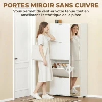 HOMCOM Meuble à chaussures 16 paires armoire à chaussures 4 tiroirs rabattables 2 portes en miroir étagères réglables blanc(m-4)