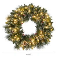 HOMCOM Kerstkrans met LED-Verlichting, Rode Bessen, Realistische Uitstraling, Ø60 x 10 cm, Groen(m-3)