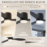 HOMCOM Plafondventilator met Lamp en Afstandsbediening, 3 Lichtkleuren, 6 Snelheden, Instelbare Helderheid, Zwart(m-4)