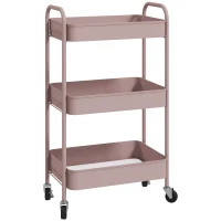 HOMCOM Multifunctionele Winkelwagen Keukenwagen, 3 Planken, 4 Wielen, 45 cm x 30,6 cm x 79 cm, Roze(m-1)