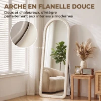 HOMCOM Miroir de Sol Arqué Pleine Longueur 160x60cm, Grand Miroir sur Pied ou Mural, Cadre Effet Velours, Verre Trempé, Crème(m-4)