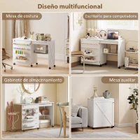 HOMCOM Mesa Máquina de Coser Plegable con Puerta Magnética 2 Compartimentos Estante 18 Soportes para Hilos 5 Ruedas Blanco(m-9)