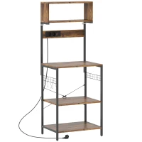 HOMCOM Keukenrek, staand rek met 5 S-haken, 5 planken, stopcontact, van staal, Rustiek-Bruin, 60 x 42 x 153 cm(m-1)