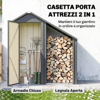 Outsunny Portalegna da Esterno con Armadietto Porta Attrezzi in Acciaio, 150x66x162 cm, Grigio Scuro(m-3)