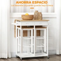 HOMCOM Juego de Mesa Alta de Bar y 2 Taburetes con Ruedas Mesa Plegable de Cocina con Taburetes 86x75,5x83,5 cm Natural(m-7)