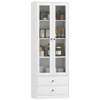 HOMCOM Aparador de Cocina con Armario y 2 Cajones, Puertas de Vidrio y Estantes Regulables, 59x30x164 cm, Blanco(m-10)