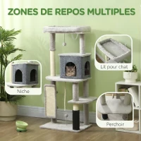 PawHut Arbre à Chat Tour de Jeux pour Chats Centre d'Activités avec Poteaux à Griffer en Sisal Niche Hauteur 132 cm Gris(m-4)