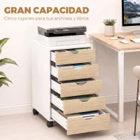 HOMCOM Cajonera Oficina con Ruedas y 5 Cajones Archivador Móvil, para Estudio Salón 40x40x67 cm Blanco y Natural(m-4)