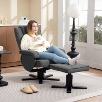 HOMCOM Schommelbare Relaxfauteuil met Voetenbank, Fluweelachtige Stof, Draaibare Gestoffeerde Stoel, Houten Frame, Grijs(m-2)