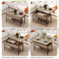 HOMCOM Table basse relevable et extensible, table de salon avec compartiment caché étagères ouvertes, 98x49x55cm, bois naturel(m-4)