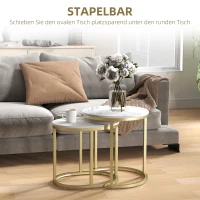 HOMCOM Set van 2 Salontafels, Ovale en ronde koffietafel, stapelbaar, met marmerlook, Staal, Ø50 x 50,5 cm, Wit(m-4)
