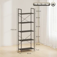 HOMCOM Boekenrek, staand 5-laags, industrieel bureaurek met metalen frame, open opbergrek voor woonkamer, kantoor, studeerkamer, 60x30x170,5 cm, Zwart(m-3)