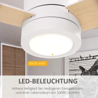 HOMCOM Plafondventilator met LED-licht, 2-in-1 ontwerp, met timer, afstandsbediening, plafondlamp met ventilator, Wit+Natuurhout(m-5)