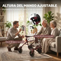 HOMCOM Andador para Ancianos Plegable con Asiento 4 Ruedas Altura Ajustable Frenos de Maneta Cesta Bandeja Porta Bastón Rojo(m-5)