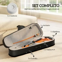 HOMCOM Violino 4/4 in Legno per Principianti e Adulti con Custodia, Arco, Spalliera e Pece, Manico e Testa in Acero, Nero(m-4)
