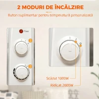HOMCOM Radiator Electric Mică 1000W/2000W cu Termostat Reglabil, 15-20 m², 4 Roți, 79x27x54 cm, Alb(m-7)