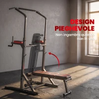 HOMCOM Power Tower Pieghevole con Panca Piana Regolabile, Rack Palestra Multifunzione con Barre per Dip e Trazioni, Altezza Regolabile 7 Livelli, in Acciaio, Allenamento Fitness Casa Palestra, Rosso(m-6)