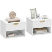 HOMCOM Set de 2 Noptiere Suspendate cu Panouri Canelate, Sertar și Raft, 40x34x29 cm, Alb(m-11)